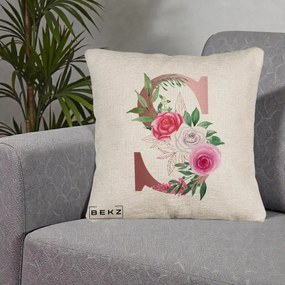 Cadou Personalizat - Perna Personalizata Monograma Rose Gold Litera S, 40x40 cm, Bej Canapea, Husa Detasabila, Perna Inclusa, BEKZ®