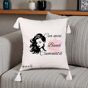 Cadou pentru Cumnata - Perna Personalizata Cea mai Buna Cumnata cu Silueta Dama si Pete Roz, 40x40 cm, Bej cu Franjuri, Husa Detasabila, Perna Inclusa, BEKZ®