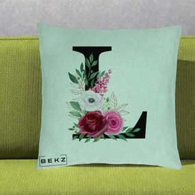 Cadou Personalizat - Perna Personalizata Monograma Florala Litera L, 40x40 cm, Verde Menta, Husa Detasabila, Perna Inclusa, BEKZ®