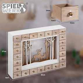 Calendar advent din lemn PĂDUREA DE IARNĂ cu iluminare, 35x6x27cm, alb/maro Spielwerk