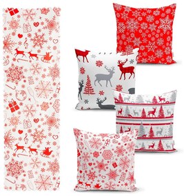 Set 4 fețe de pernă și un napron de masă cu model de Crăciun Minimalist Cushion Covers Red Snowflake