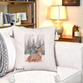 Perna Decorativa Ren in Padure Roz Moale, 40x40 cm, Bej cu Franjuri, Husa Detasabila, Perna Inclusa, BEKZ®