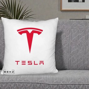 Perna Personalizata cu emblema Tesla, 40x40 cm, Alb Pufos, Husa Detasabila, Perna Inclusa, BEKZ®