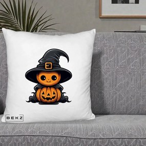 Perna Decorativa Halloween Dovleac Vrajitor Kawaii, 40x40 cm, Alb Pufos, Husa Detasabila, Perna Inclusa, BEKZ®