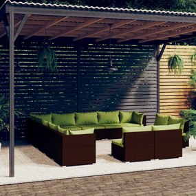 Set mobilier de gradina cu perne, 13 piese, maro, poliratan maro si verde, 3x colt + 10x mijloc, 1