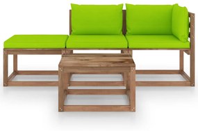 Set mobilier gradina paleti cu perne, 4 piese, lemn pin tratat verde aprins, colt + mijloc + suport pentru picioare + masa, 1