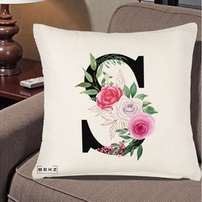 Cadou Personalizat - Perna Personalizata Monograma Florala Litera S, 40x40 cm, Crem Reliefat, Husa Detasabila, Perna Inclusa, BEKZ®