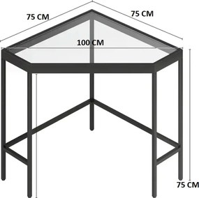 Masa birou colt Corner,sticla,Homs, 100 x 75 x 75 cm, negru