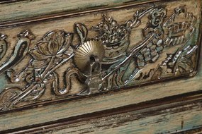 Banchetă orientală sculptată din lemn de ulm, finisaj antichizat multicolor, 4 sertare, 179 x 43 x 58 cm, „Ming"