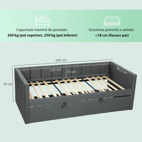 HOMCOM Cadru Pat Simplu 90x190 cm, Canapea cu Al Doilea Pat Extensibil, Tetieră Căptușită, Cotiere, Lamele din Lemn de Plop, pentru Cameră Living Oaspeți, Fără Saltea, Gri Închis | Aosom Romania