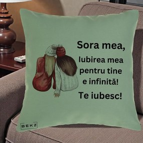 Cadou pentru Sora - Perna Personalizata Sora Mea Te Iubesc Doua Fete Iarna Acuarela, 40x40 cm, Verde, Husa Detasabila, Perna Inclusa, BEKZ®