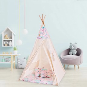 Cort copii stil indian Teepee Tent Kidizi Pink Moon, include covoras gros si 2 perne, stabilizator cadou