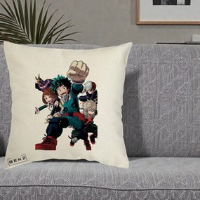 Perna Personalizata My Hero Academia Izuku Deku si Echipa, 40x40 cm, Ecru, Husa Detasabila, Perna Inclusa, BEKZ®