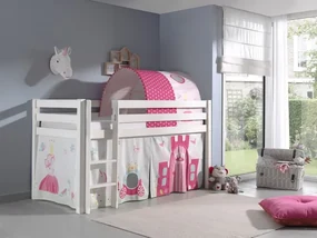 Pat etajat din lemn de pin, cu tunel si spatiu de joaca pentru copii Pino Princess Alb, 200 x 90 cm