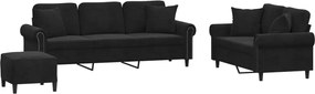 vidaXL Set de canapele cu perne, 3 piese, negru, catifea