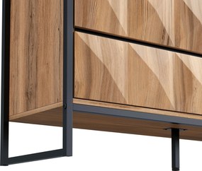Bufet cu 6 sertare, cadru metalic negru și fronturi de sertare geometrice, 120x40x80 cm, Culoare naturală