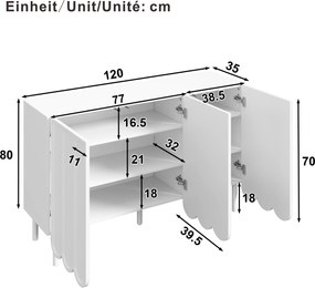 Comodă cu uși ondulate, spațiu de depozitare pentru living, hol &amp; sufragerie, 120x35x80 cm, Alb
