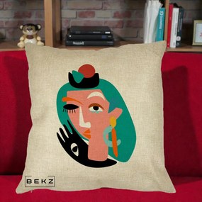 Perna Decorativa Portret Abstract Matisse Turcoaz, 40x40 cm, Crem, Husa Detasabila, Perna Inclusa, BEKZ®