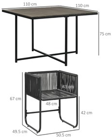 Outsunny Mobilier de Grădină 5 Piese din Ratan PE și Oțel, Set cu 4 Scaune Pliante cu Perne Confortabile, Negru și Gri | Aosom Romania