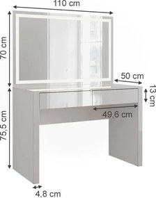 Masuta machiaj cu Oglinda LED si 2 Sertare pentru Cosmetice, Set Masa toaleta 110 cm, Alb Lucios, masuta cosmetica, vanity - SEA813