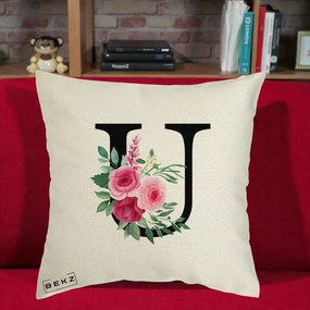 Cadou Personalizat - Perna Personalizata Monograma Florala Litera U, 40x40 cm, Ecru, Husa Detasabila, Perna Inclusa, BEKZ®