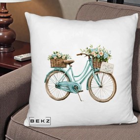 Perna Decorativa Bicicleta Teal cu Cosuri Duble de Flori Vintage, 40x40 cm, Alb Pufos, Husa Detasabila, Perna Inclusa, BEKZ®