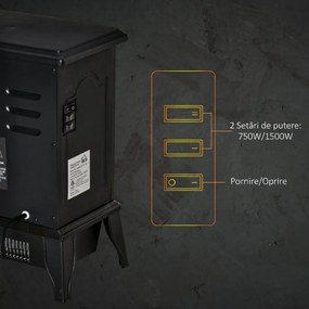 HOMCOM Șemineu Electric Portabil 1000W/2000W din ABS și Sticlă Negru | Aosom Romania