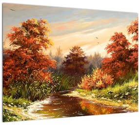 Tablou pe sticlă - Râu în peisaj de toamnă (70x50 cm)