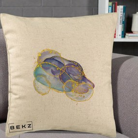 Perna Decorativa Abstract Acuarela Albastru-Mov cu Cercuri Aurii, 40x40 cm, Bej, Husa Detasabila, Perna Inclusa, BEKZ®
