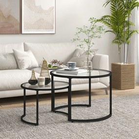 HOMCOM Set de 2 Mese de Cafea Suprapozabile din Sticlă și Oțel, Ø70x47.5 cm și Ø54x42.5 cm, Negru | Aosom Romania
