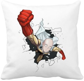 Perna Decorativa cu One Punch man, 40x40 cm, Alba, Mata, Husa Detasabila, Burduf