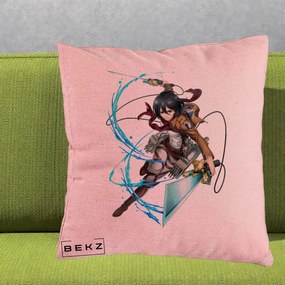 Perna Personalizata Attack on Titan Mikasa Ackerman Lupta, 40x40 cm, Roz, Husa Detasabila, Perna Inclusa, BEKZ®