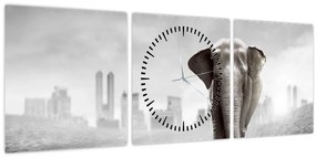Tablou - Elefanți în oraș, versiunea alb-negru (cu ceas) (90x30 cm)