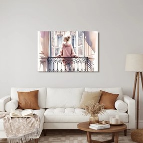 Tablou fată în pulover roz pe balcon