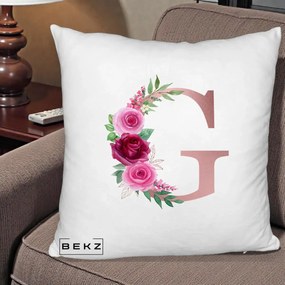 Cadou Personalizat - Perna Personalizata Monograma Rose Gold Litera G, 40x40 cm, Alb Pufos, Husa Detasabila, Perna Inclusa, BEKZ®