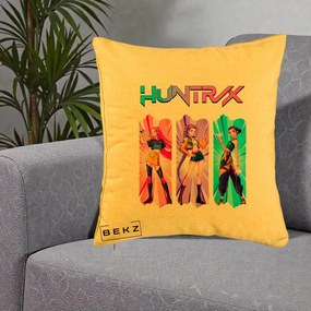 Perna Personalizata K-pop HUNTRX Trio cu Pisica in Benzi, 40x40 cm, Galben, Husa Detasabila, Perna Inclusa, BEKZ®