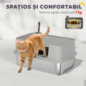 PawHut Litieră pentru Pisici Închisă din Oțel Inoxidabil XL cu Lopățică și Laterale Înalte, Gri | Aosom Romania