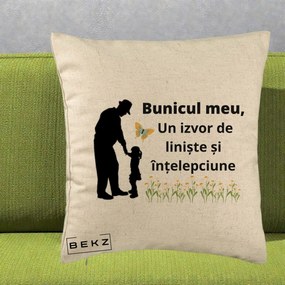 Cadou pentru Bunic - Perna Personalizata Bunicul Meu Izvor de Liniste cu Fluture si Fetita, 40x40 cm, Bej, Husa Detasabila, Perna Inclusa, BEKZ®
