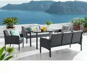 Set gradina LERON, negru/gri, ratan/otel/sticla securizata, cu masa, 2