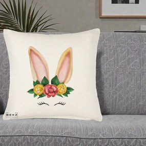 Perna Decorativa Iepuras Flori Urechi Pastelui, 40x40 cm, Crem Reliefat, Husa Detasabila, Perna Inclusa, BEKZ®