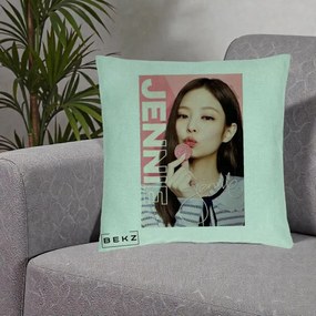 Perna Personalizata K-pop BLACKPINK Jennie cu Semnatura si Fond Roz, 40x40 cm, Verde Menta, Husa Detasabila, Perna Inclusa, BEKZ®