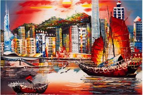 Tablou - Victoria Harbour, Hong Kong, pictură în ulei (90x60 cm)