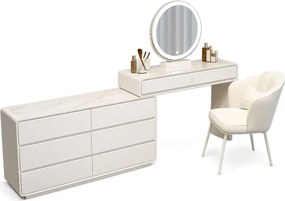 Set AUDREY ELEGANCE – Masă de Toaletă pentru Machiaj cu Oglindă iluminată LED, Control Touch, Comodă, Scaun, Alb