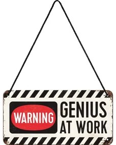 Placă metalică Warning! Genius at Work, (20 x 10 cm)