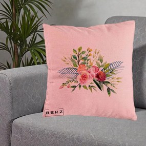 Perna Decorativa Buchet Flori Acuarela Roz-Verde, 40x40 cm, Roz, Husa Detasabila, Perna Inclusa, BEKZ®