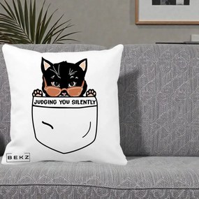 Perna Decorativa Judging You Silently Pisica Buzunar, 40x40 cm, Alba Mata, Husa Detasabila, Perna Inclusa, BEKZ®