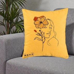 Perna Decorativa Portret Feminin Floare Bej Terracotta, 40x40 cm, Galben, Husa Detasabila, Perna Inclusa, BEKZ®