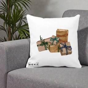 Perna Decorativa Cadouri de Craciun Kraft, 40x40 cm, Alba Mata, Husa Detasabila, Perna Inclusa, BEKZ®