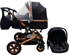 Carucior nou nascuti 3 in 1 Baby Care™ PRO 530 ,Cu geanta bebe, Cadru Aluminiu Gold, Amortizoare, Roti din cauciuc plin AVE, Landou, Scoica auto,