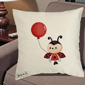 Perna Decorativa Buburuza cu Balon Rosu, 40x40 cm, Ecru, Husa Detasabila, Perna Inclusa, BEKZ®